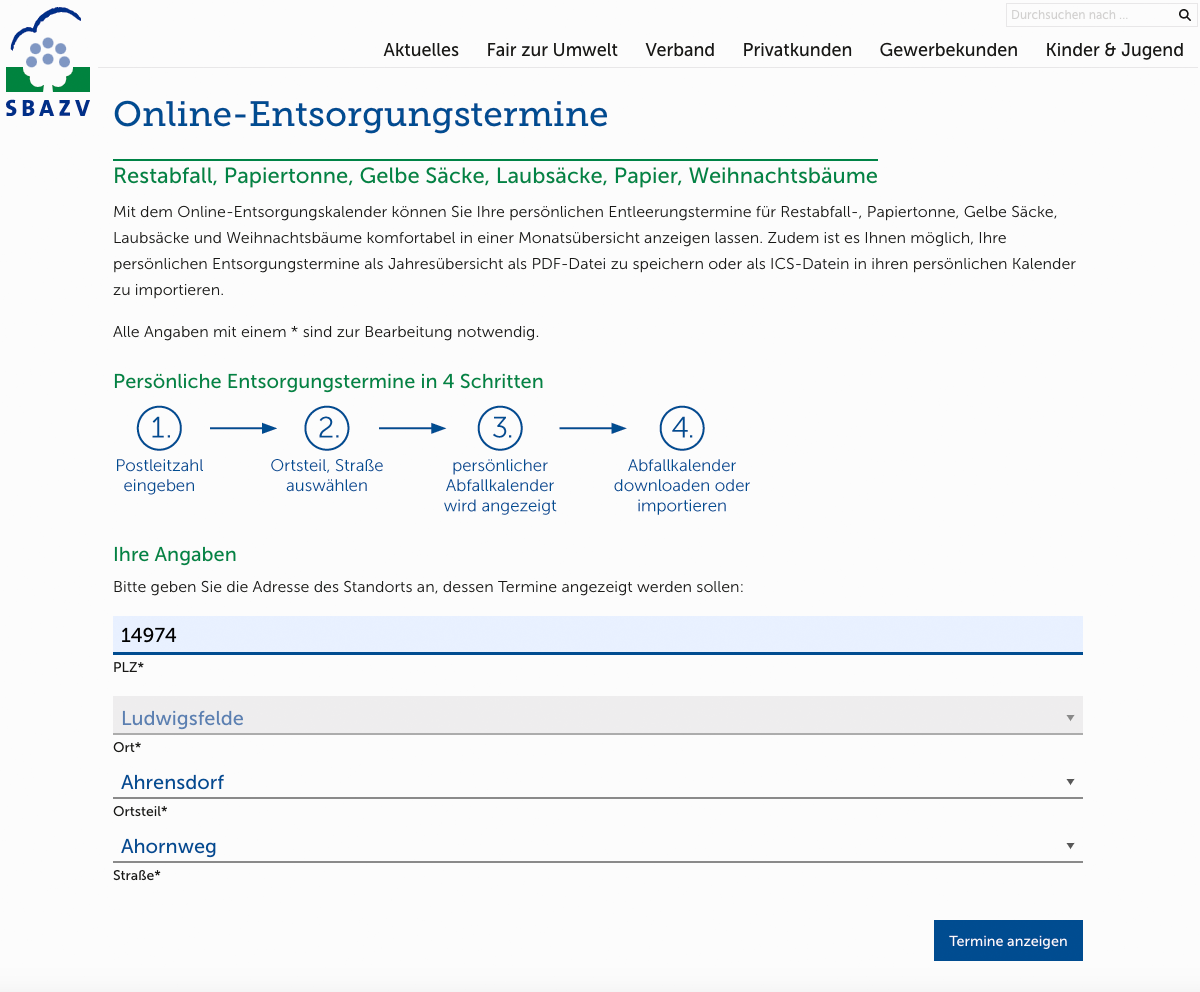 SBAZV Relaunch Website Service Entsorgungstermine