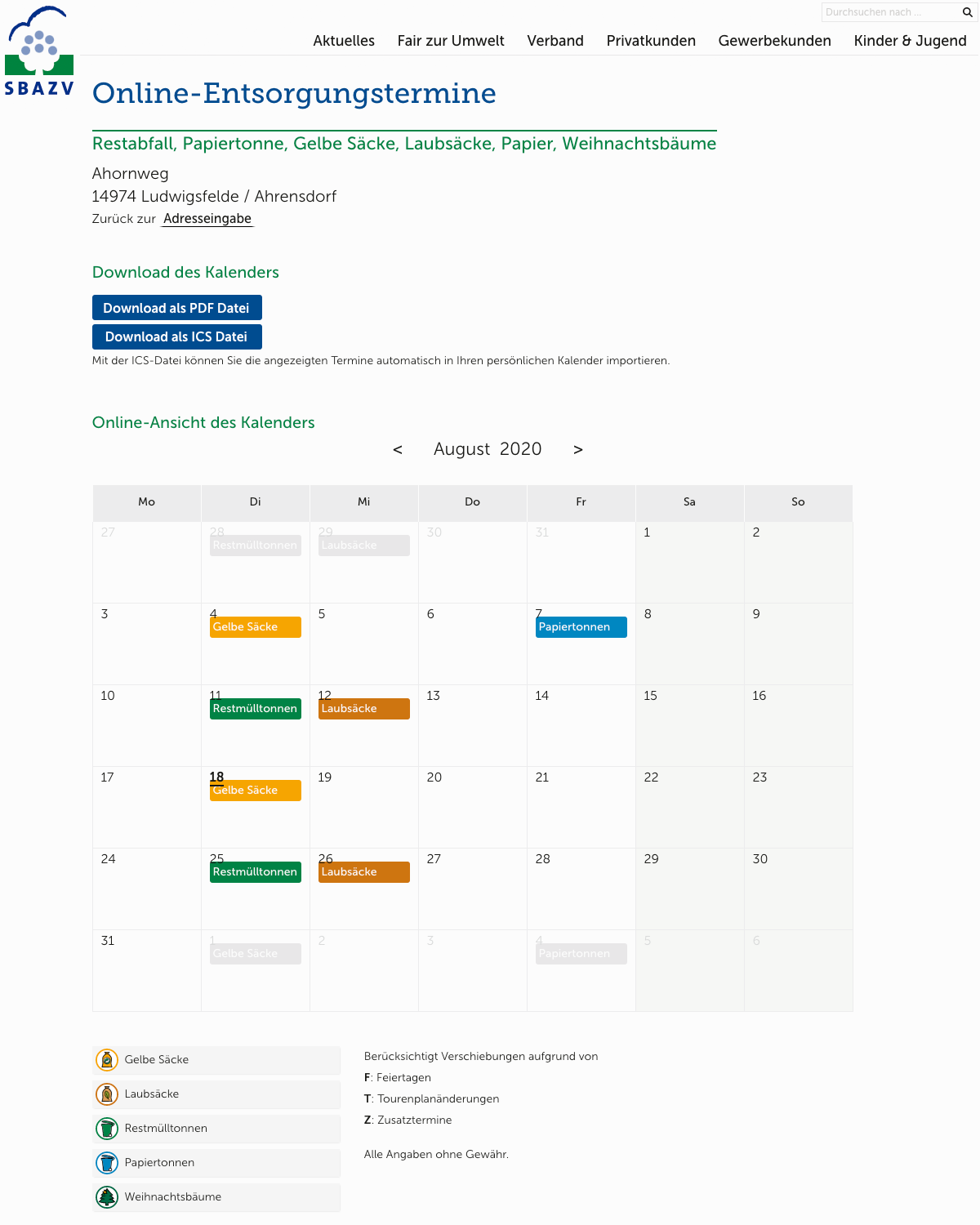 SBAZV Relaunch Website Service Kalender